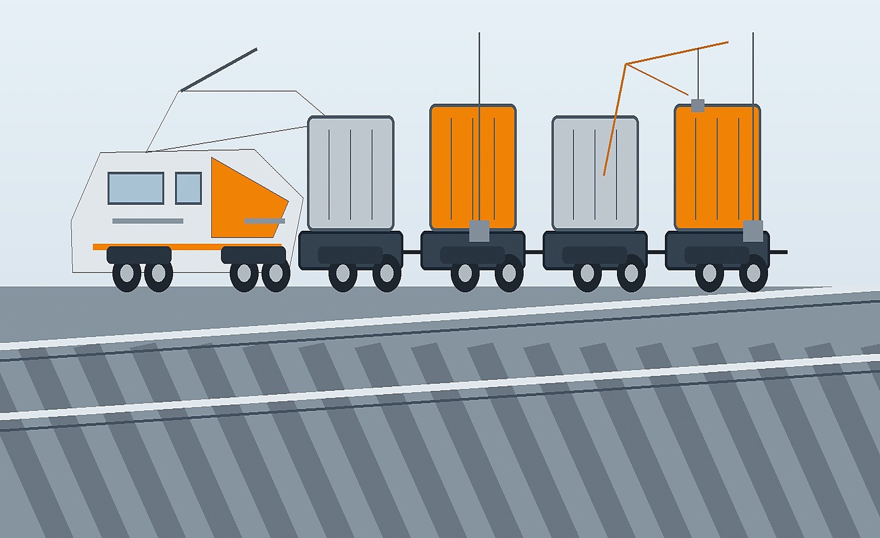Hand-drawn rail freight illustration with unbranded containers and a neutral terminal